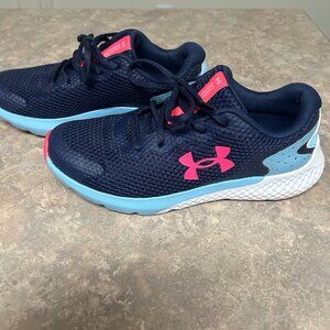 Under Armour blue with pink logo, "charged rogue" style tennis shoes, youth 6